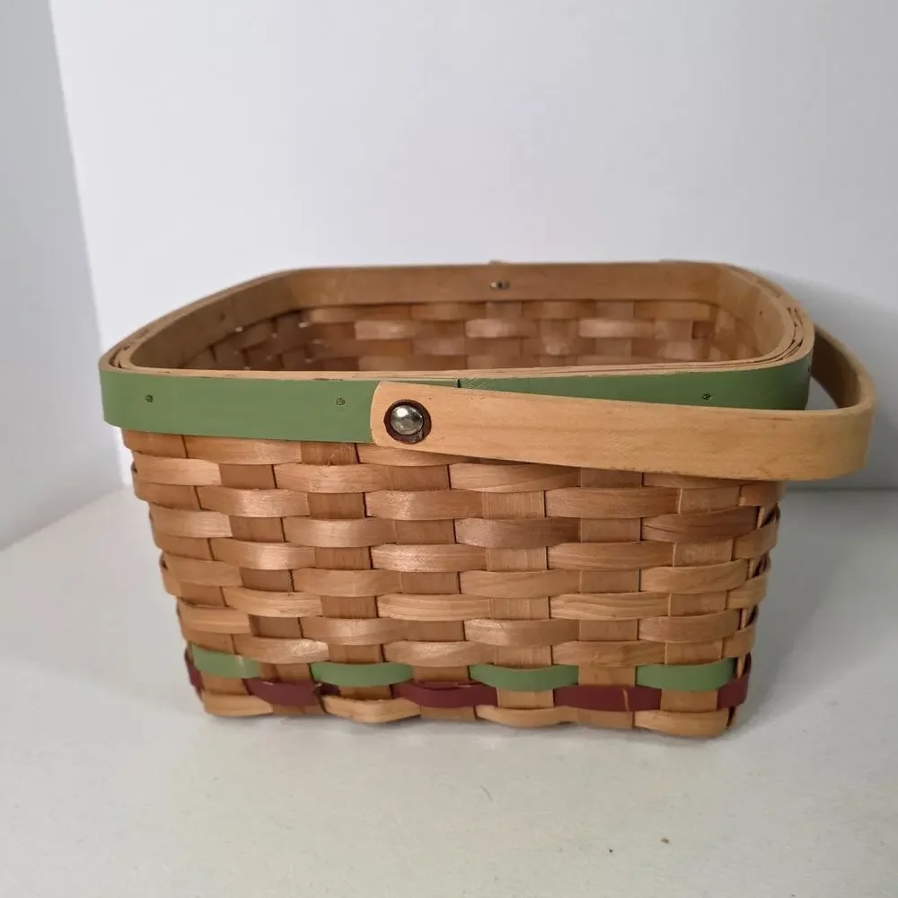 Woven Basket Apple Design Wooden Handle Farmhouse Decor